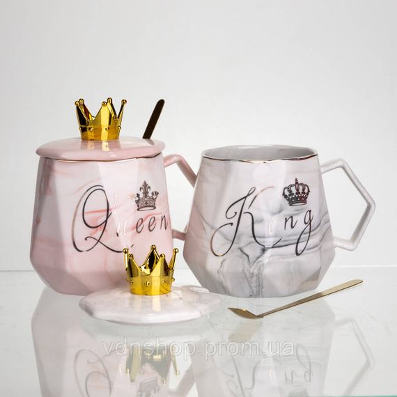Набір парних порцелянових чашок Queen&King 2 (шт) по 400 (мл) чашки на подарунок із кришкою та ложкою FM-30 | Зображення 2