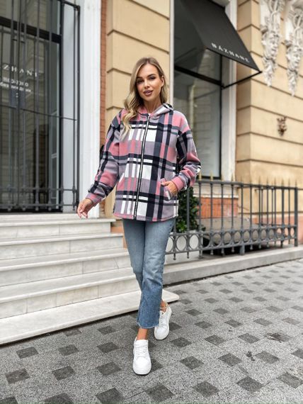 Женская теплая флисовая рубашка в клетку ALI302 цвет розовый, размер 58/60