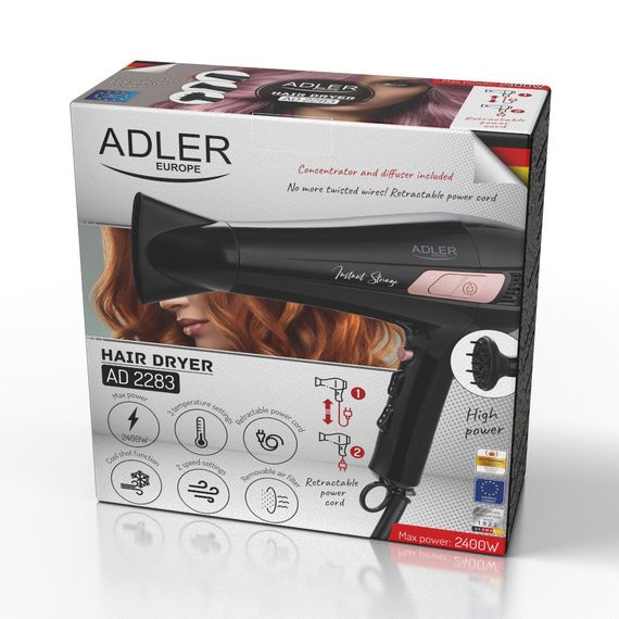 Фен для волосся Adler AD 2283, 2400 Вт, іонізація, холодне повітря, дифузор, висувний шнур | Зображення 9