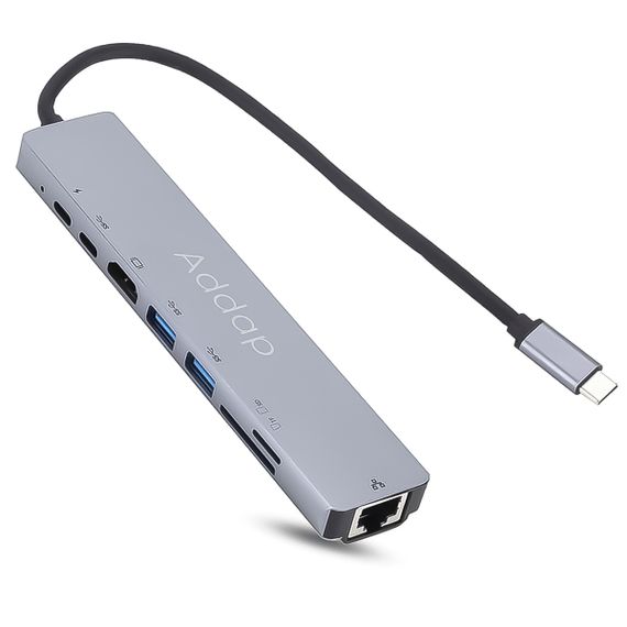 Мультифункциональный USB Type-C хаб Addap MH-04, 8 в 1: HDMI/HDTV + PD + USB C + SD + TF + RJ45 | Зображення 2