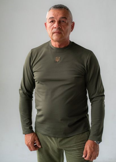 Утеплений лонгслів з вишитим золотим тризубом/гербом з довгим рукавом (олива)