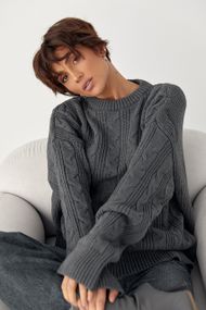 Вільна в'язана кофта в косички - сірий цвет, ONE SIZE (є розміри)