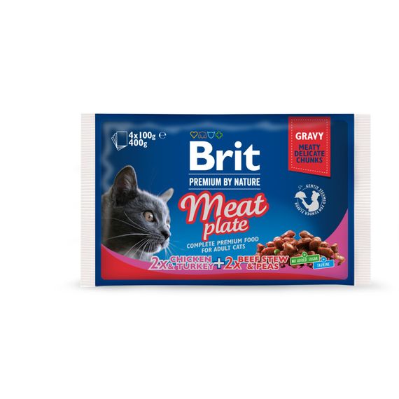 Корм вологий Brit Premium Cat Meat Plate pouches набір для котів м'ясна тарілка курка та індичка з тушкованою яловичиною та