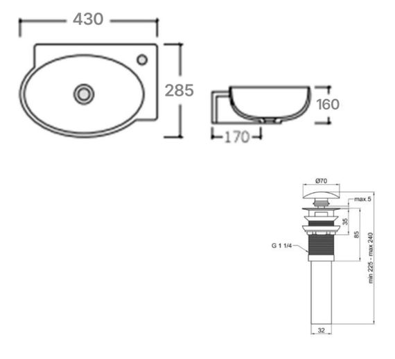 Комплект Qtap Leo: Раковина підвісна овальна ліва 430x285x160 мм White + Донний клапан PU02O (QT11115011LWN47332) | Зображення 1