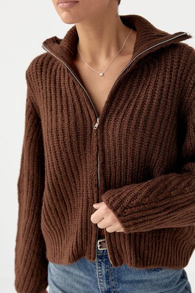 Кардиган на блискавці з крупної в'язки - коричневий цвет, ONE SIZE (є розміри) | Зображення 3