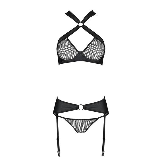 Сітчастий набір, бюстгальтер з халтером, трусики та пояс для панчох AMANDA SET L/XL, black | Зображення 4