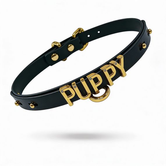 Чокер з написом PUPPY від UPKO з італійської шкіри, чорний із золотою фурнітурою Sex Aura | Зображення 4
