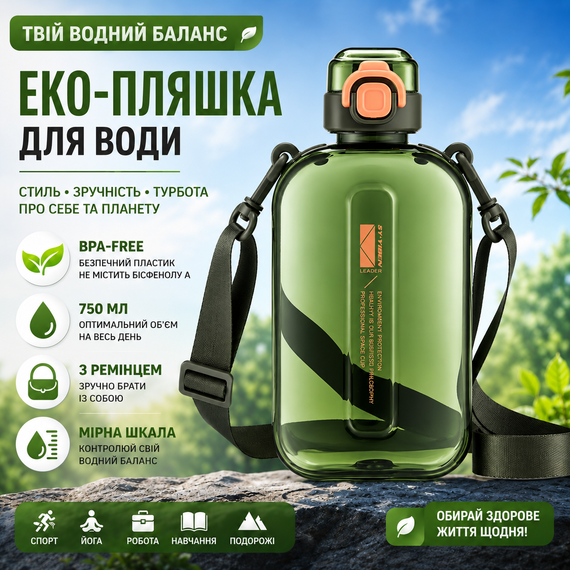 Эко-бутылка для воды 750 мл зеленая, BPA-free с ремешком и мерной шкалой