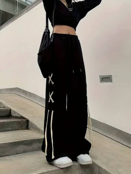 Женские свободные штаны палаццо со шнуровкой по бокам HI2726 цвет черный, размер onesize 42/46 | Зображення 4