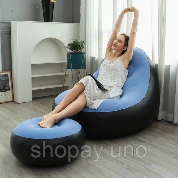 Надувное кресло с пуфом для отдыха AIR SOFA велюровое Blue RM-73 | Зображення 3