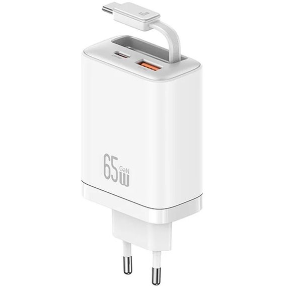 МЗП Usams US-CC299 GaN With Retractable Type-C Cable Xiang Ser. 65W (1USB-A/1C) White
