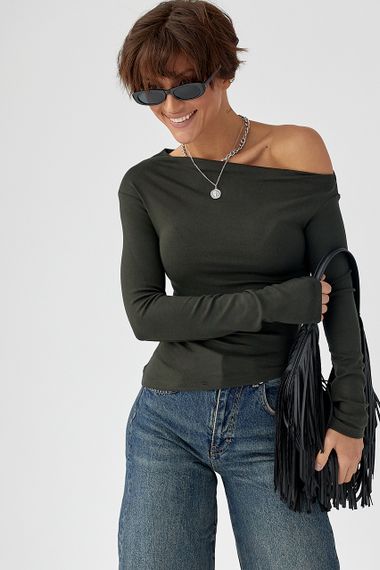 Асиметричний лонгслів з відкритим плечем - хакі цвет, S (є розміри) | Зображення 4