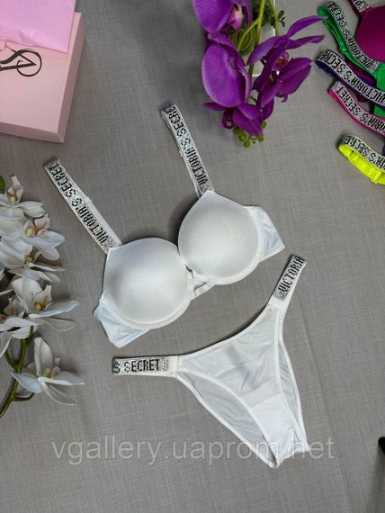 Комплект Victoria`s Secret зі стразами Бразиліана Вікторія Сікрет, Жіночий білий комплект зі стрінгами та мереживом