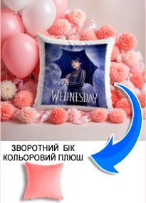 Подушка плюшева Мерч Крафт Дизайн з принтом Уенсдей Wednesday рожевий плюш квадратна 33х33 см