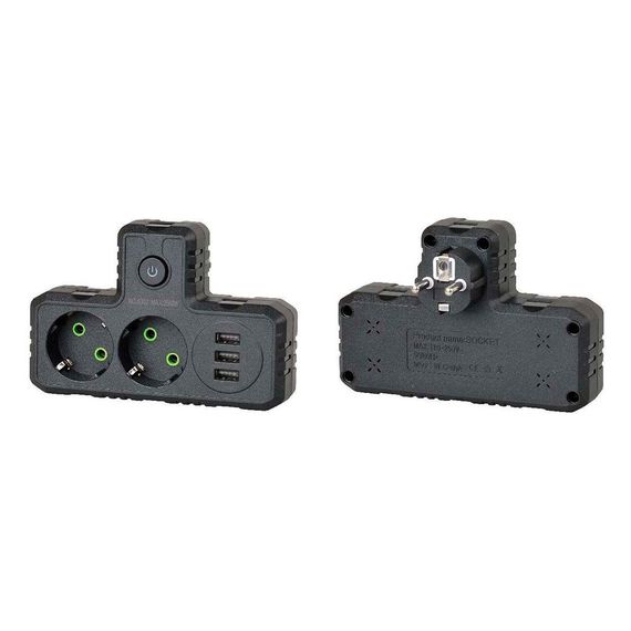 Розетка тройник Т-образный с заземлением F302-Black, 2 розетки + 3USB(1А), 2500W | Зображення 2