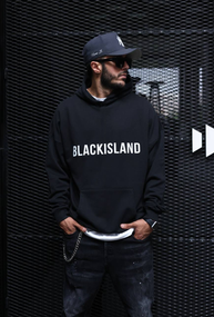 Чорне чоловіче стильне оверсайз худі з модним дизайном