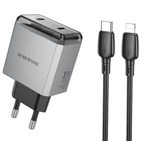 МЗП Borofone BN21 Lena PD40W+QC3.0 (2USB-C) + кабель Type-C to Lightning Metal gray