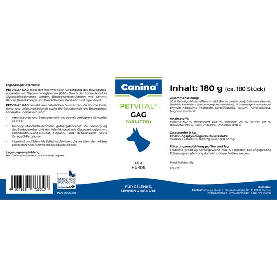 Мінеральний комплекс Canina Petvital GAG для собак для суглобів і тканин глюкозамін з екстрактом мідій 180 г 180 табл. | Зображення 4