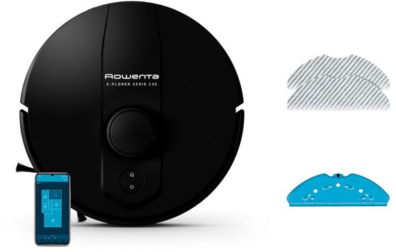 Робот-пилосос Rowenta миючий X-Plorer Serie 135 Standart, 5000ПаВт, h=9.5см, 0.35л, конт пил -0.32л, вода - вологе прибирання, автон. робота до 120хв, чорний (RR91C5WH)