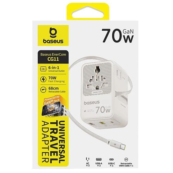Мережевий універсальний перехідник Baseus CG11 70W with retractable cable (2USB-A/3C/1Socket) (E0307E) Off-White | Зображення 2