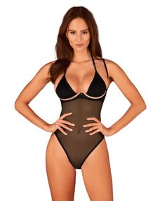 Прозоре боді Obsessive Selinne teddy XL/2XL Black, дрібна сітка, подвійні бретелі