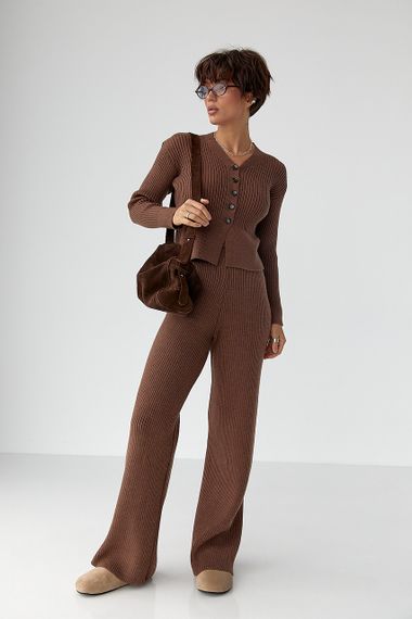 Трикотажний костюм у рубчик із кардиганом і штанами палаццо - коричневий цвет, ONE SIZE (є розміри) | Зображення 4