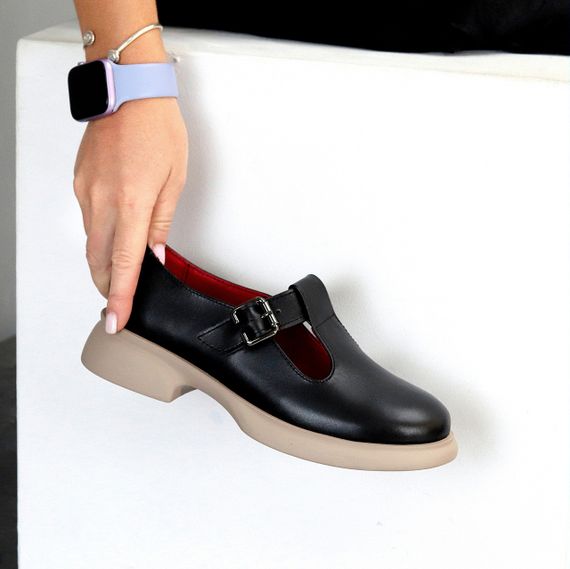 Чорні шкіряні демі туфлі на ремінці натуральна шкіра на бежевій підошві | Зображення 5