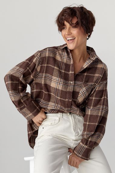 Тепла сорочка в клітинку з накладною кишенею - коричневий цвет, M (є розміри)