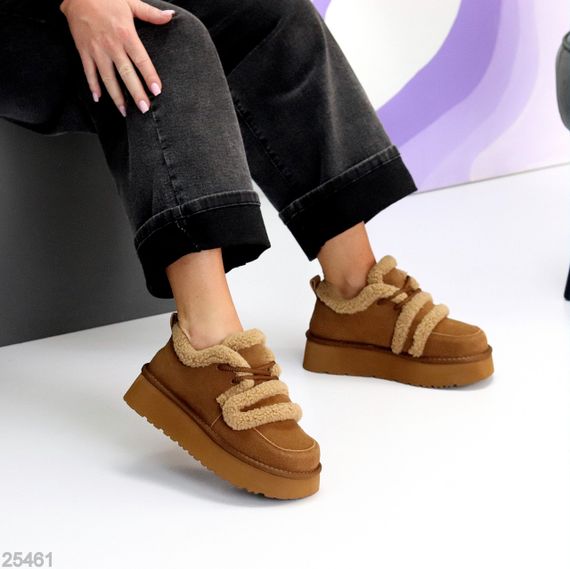 Трендовые теплые замшевые кроссовки-угги на липучке цвет Camel | Зображення 2