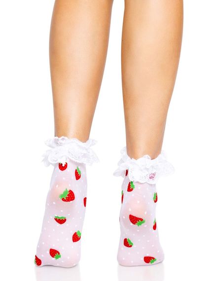 Носки женские с клубничным принтом Leg Avenue Strawberry ruffle top anklets One size, кружевные манж | Зображення 2