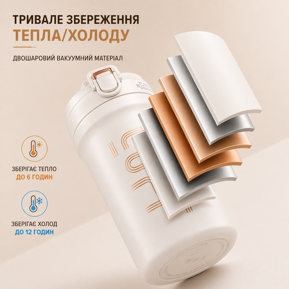 Термокухоль 600 мл з нержавіючої сталі 316 світло- сірий – вакуумний термос з кнопкою, герметичний, для кави та чаю | Зображення 7