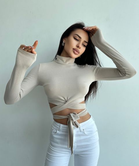 Женская укороченная кофта кроп-топ с завязками на талии NA994 цвет бежевый, размер 46/48