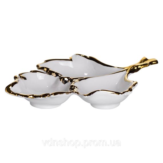 Менажниця порцелянова на 3 секції для закусок 27×19.5×4 (см) тарілка менажниця Білий із золотом ZBSY-12 | Зображення 1