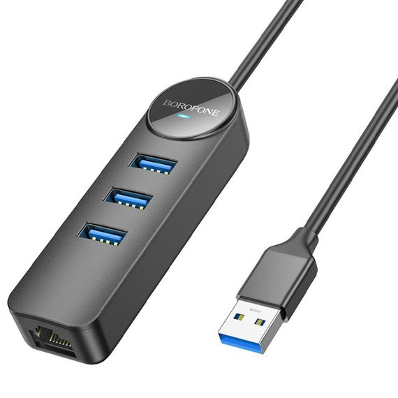 Переходник Borofone DH6 Erudite 4in1 Gigabit Ethernet (USB to USB3.0*3+RJ45) (0.2m) Black | Зображення 1