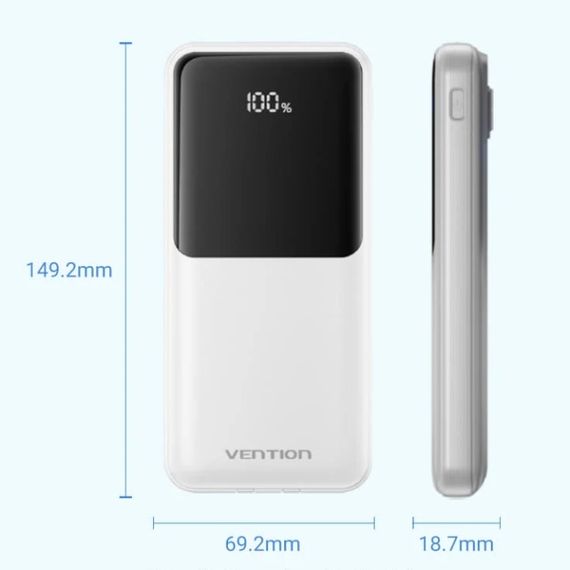 УМБ Vention 10000mAh 22.5W 3A PD,Micro-USB,USB-C,2xUSB-A,Built-in USB-C+Lightning Cables White | Зображення 8