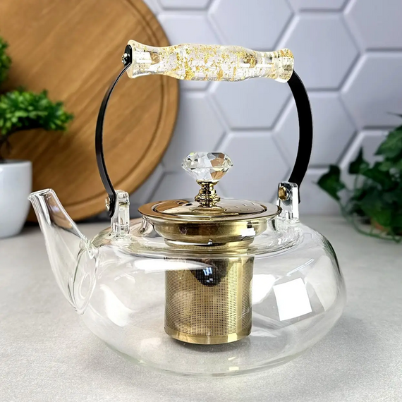 Стильный стеклянный чайник Oolong GK-5813 1 л с золотистыми элементами и удобным заварочным фільтром Прозрачный | Зображення 2