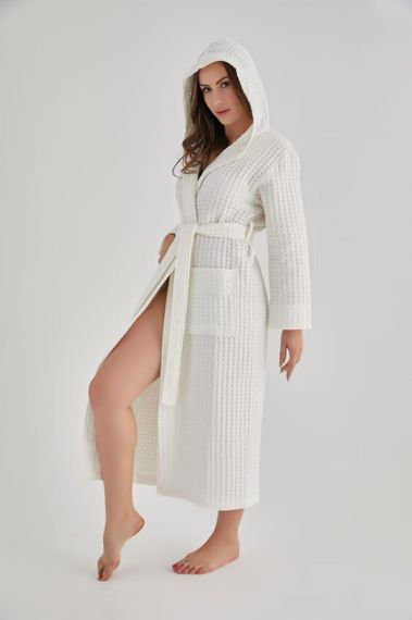 Женский вафельный халат Nusa 4160 c капюшоном, кремовый S | Зображення 1