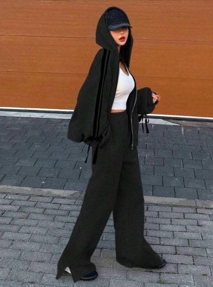 Жіночий спортивний костюм з прямими штанами і худі з бантами колір чорний, розмір 42/48 HI2732 | Зображення 1