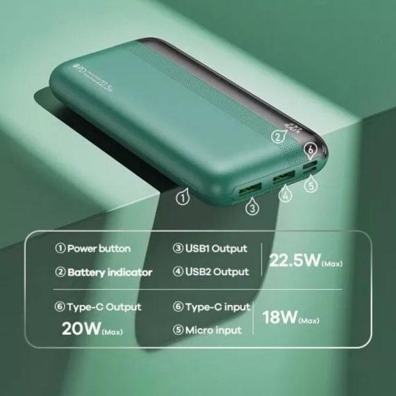 Зовнішній акумулятор REMAX Kiren Series PD20W+QC22.5W Fast Charging Power Bank  20000mAh RPP-180 Green | Зображення 1