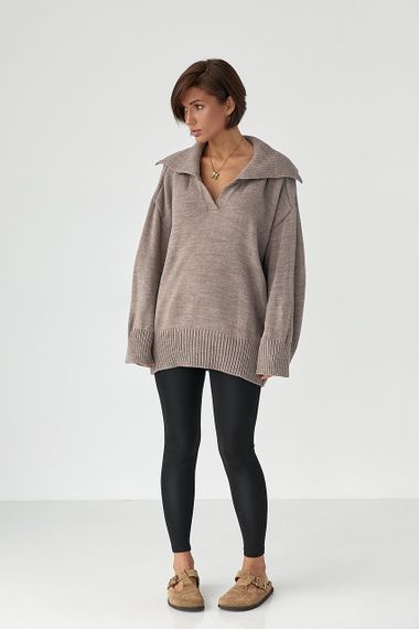 В'заний светр-поло вільного крою - кавовий цвет, ONE SIZE (є розміри) | Зображення 2