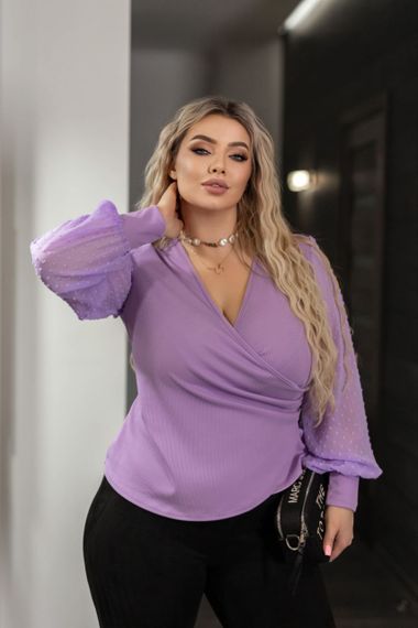 Женская нарядная блуза с прозрачными рукавами больших размеров и батал MN186 цвет сиреневый, размер 50/52