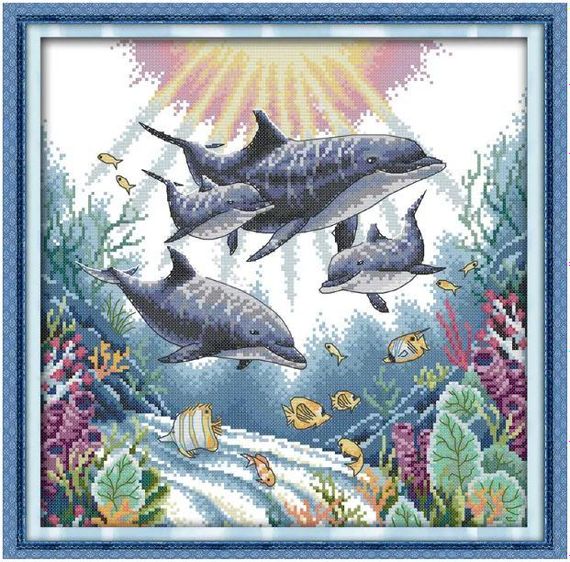 Набір для вишивання за нанесеною на канву схемою "Dolphin". AIDA 14CT printed 36*36 см