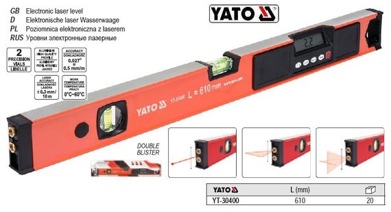 Рівень лазерний YATO Польща цифровий алюміній дисплей l=610 мм YT-30400