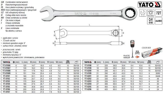 Ключ комбинированний трещотка хромванадий М=17 мм l=225 мм YATO-0198