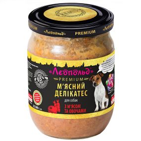 ЛЕОПОЛЬД М'ясні делікатеси з м'ясом та овочами для собак, скляна банка 500 г (6шт/уп)