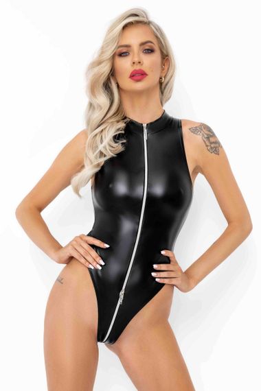 Боді під шкіру з блискавкою Noir Handmade F294 Powerwetlook bodysuit with front zipper Чорне 2XL
