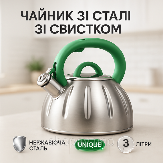 Чайник со свистком Unique UN-5303 кухонный на 3 литра, Чайник нержавейка со свистком. Цвет: зеленый