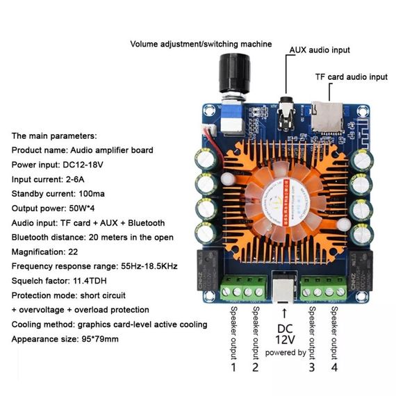Автомобильный усилитель звука XH-A393 TDA7388 4*50W - Bluetooth+Aux+слот MicroSD | Зображення 4