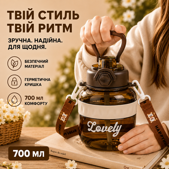 Бутылка для воды Lovely 700 мл с трубочкой и защитой от протечек, Коричневая (BPA Free) | Зображення 5