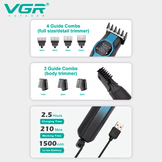 Набір для стрижки VGR 13 в 1 V-173 BLUE, 13 насадок, LED дисплей | Зображення 3